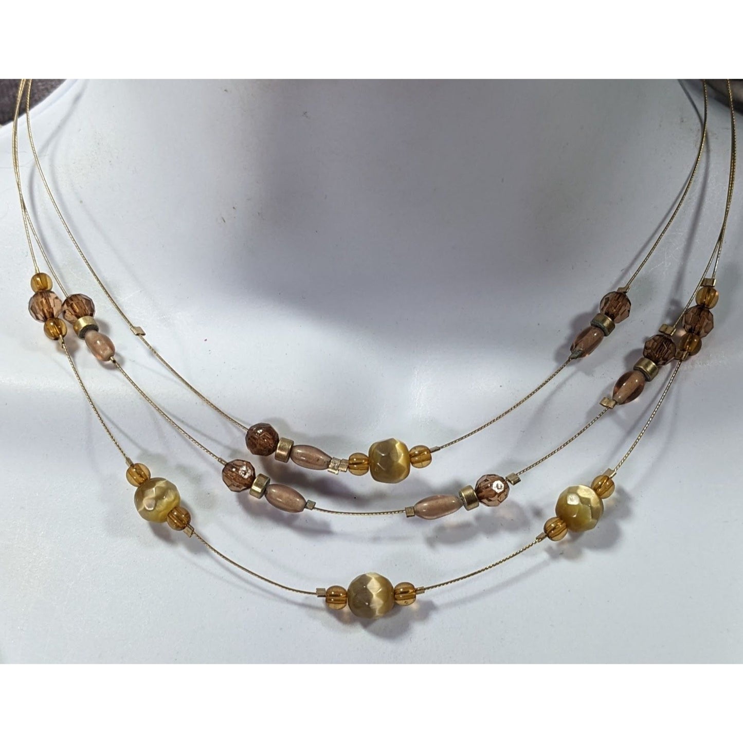 Retro Yellow Brown And Gold Tone Glass Beaded Floating Necklace