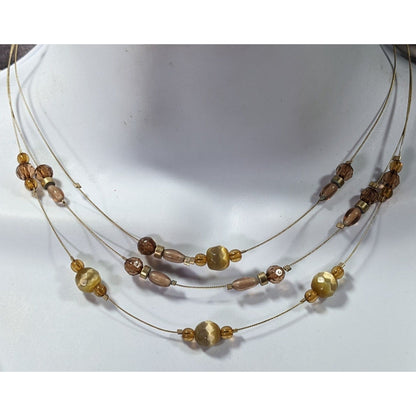 Retro Yellow Brown And Gold Tone Glass Beaded Floating Necklace