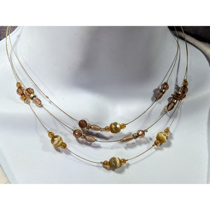 Retro Yellow Brown And Gold Tone Glass Beaded Floating Necklace