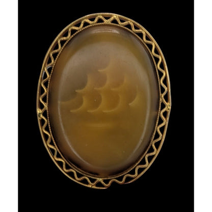 Vintage Oval Mottled Yellow Stone Brooch/Pendant With Filigree Bezel
