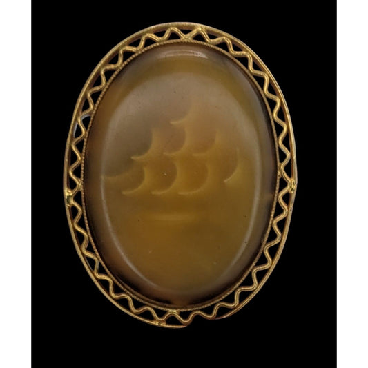 Vintage Oval Mottled Yellow Stone Brooch/Pendant With Filigree Bezel