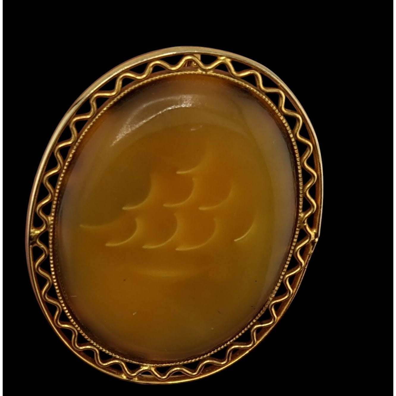 Vintage Oval Mottled Yellow Stone Brooch/Pendant With Filigree Bezel