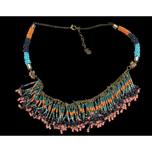 Vintage Bohemian Beaded Tassel Statement Necklace Handcrafted Multicolor Seed Bead Artisan Jewelry