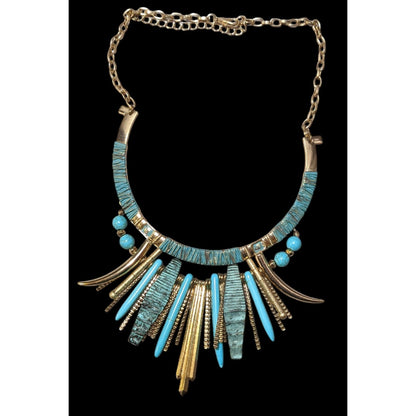 Southwestern Gold Tone And Turquoise Metal Fringe Statement Necklace