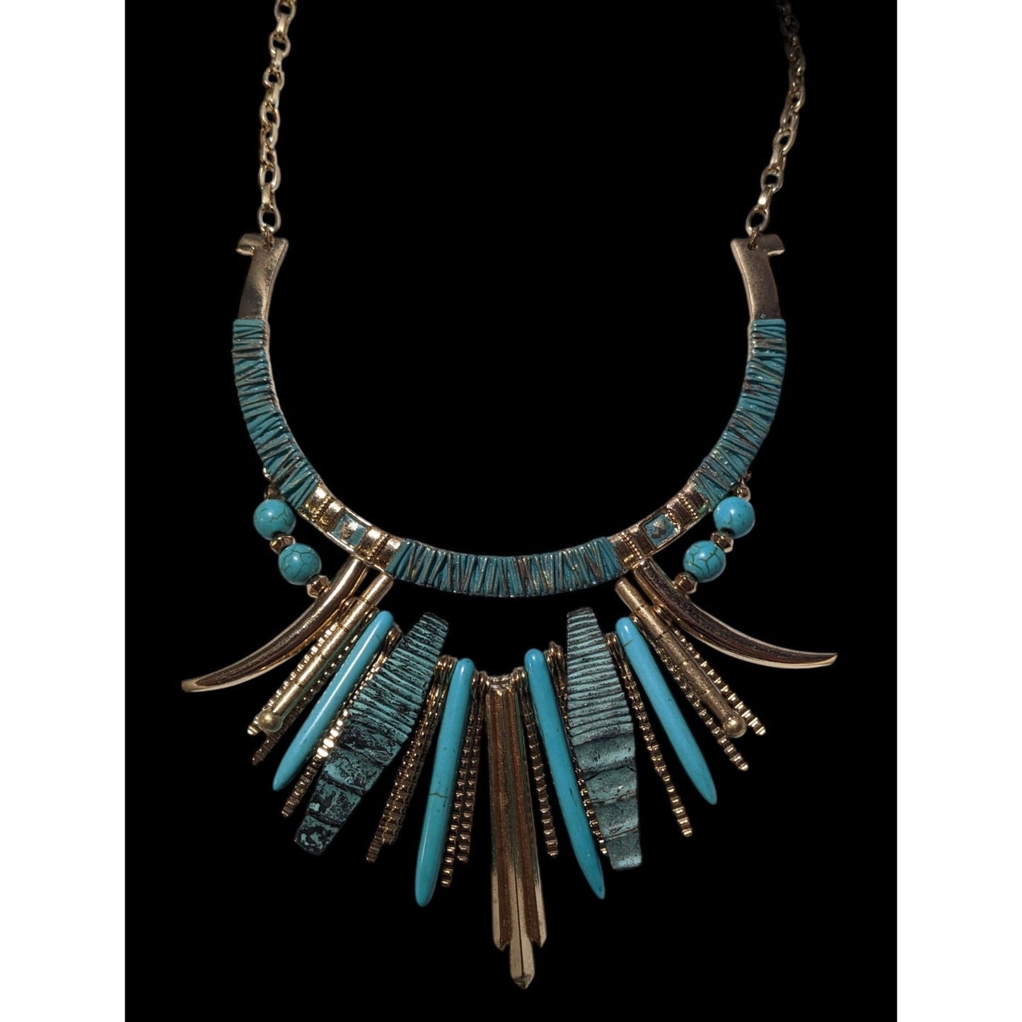 Southwestern Gold Tone And Turquoise Metal Fringe Statement Necklace