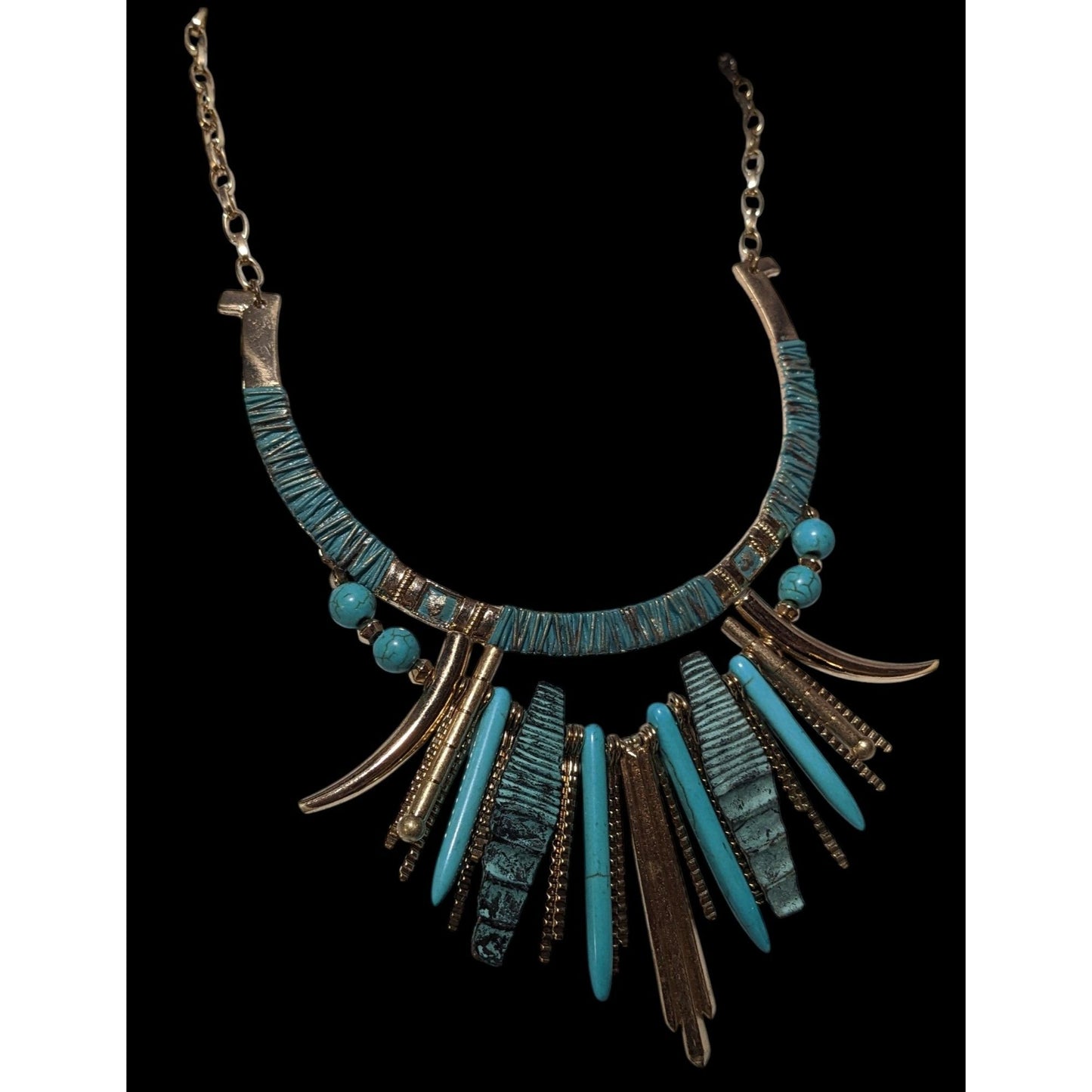 Southwestern Gold Tone And Turquoise Metal Fringe Statement Necklace