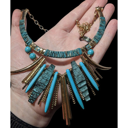 Southwestern Gold Tone And Turquoise Metal Fringe Statement Necklace