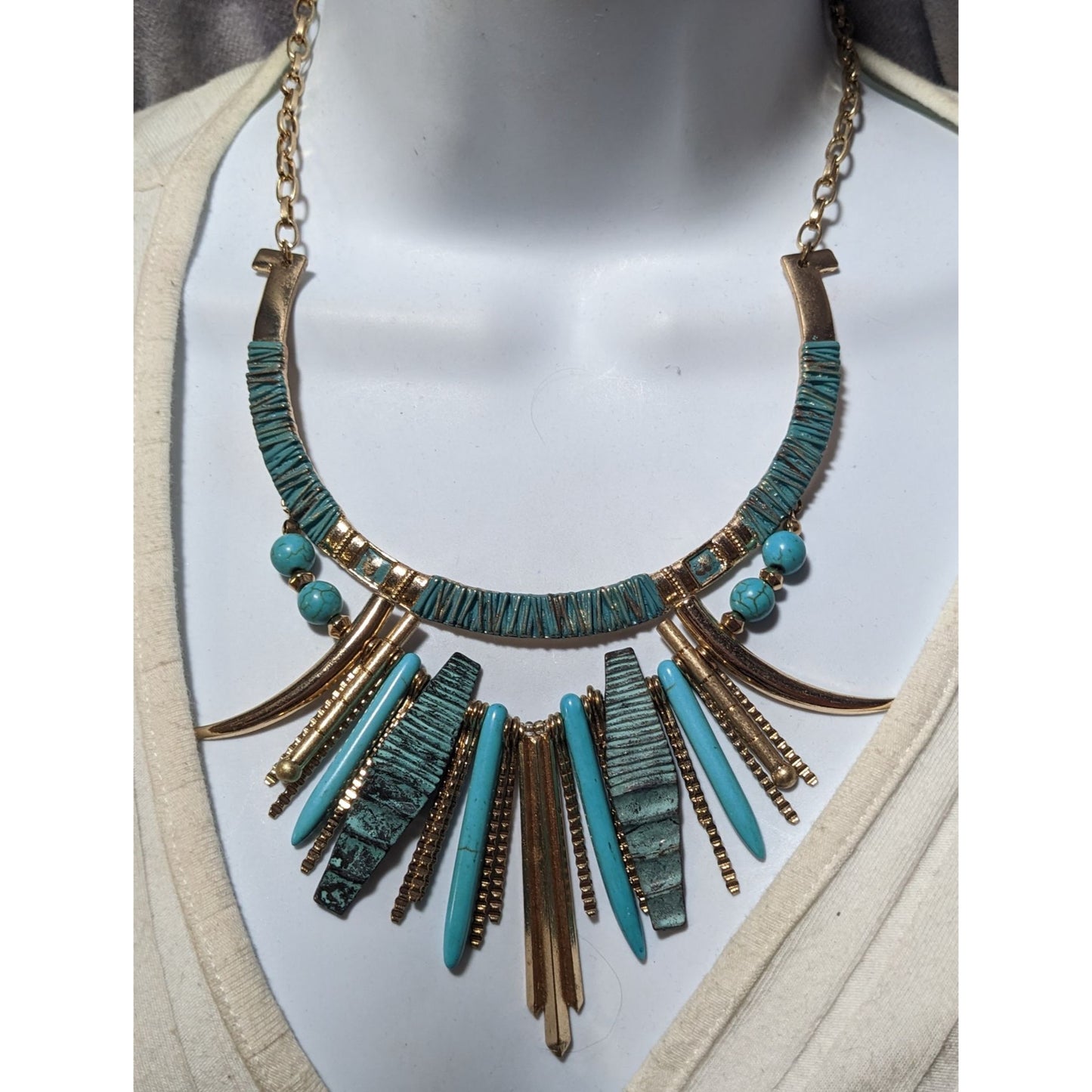 Southwestern Gold Tone And Turquoise Metal Fringe Statement Necklace