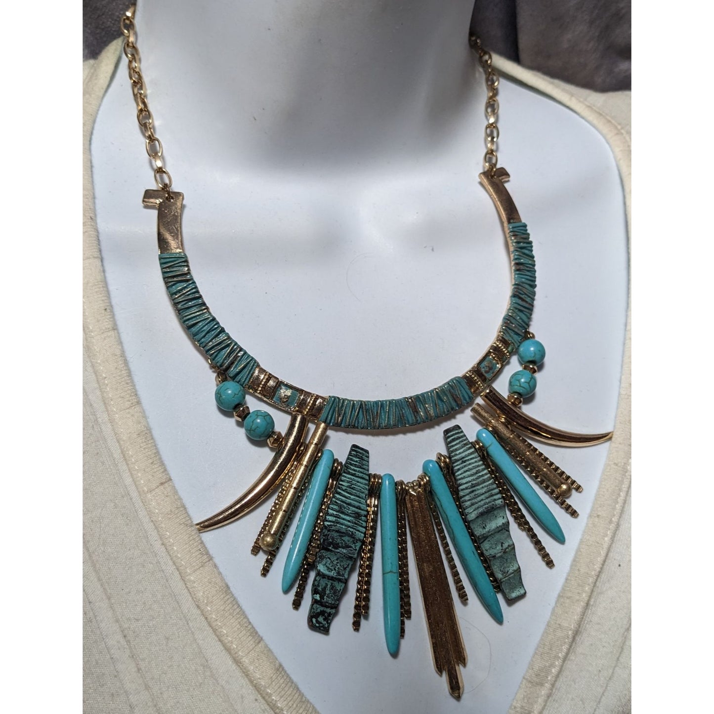 Southwestern Gold Tone And Turquoise Metal Fringe Statement Necklace