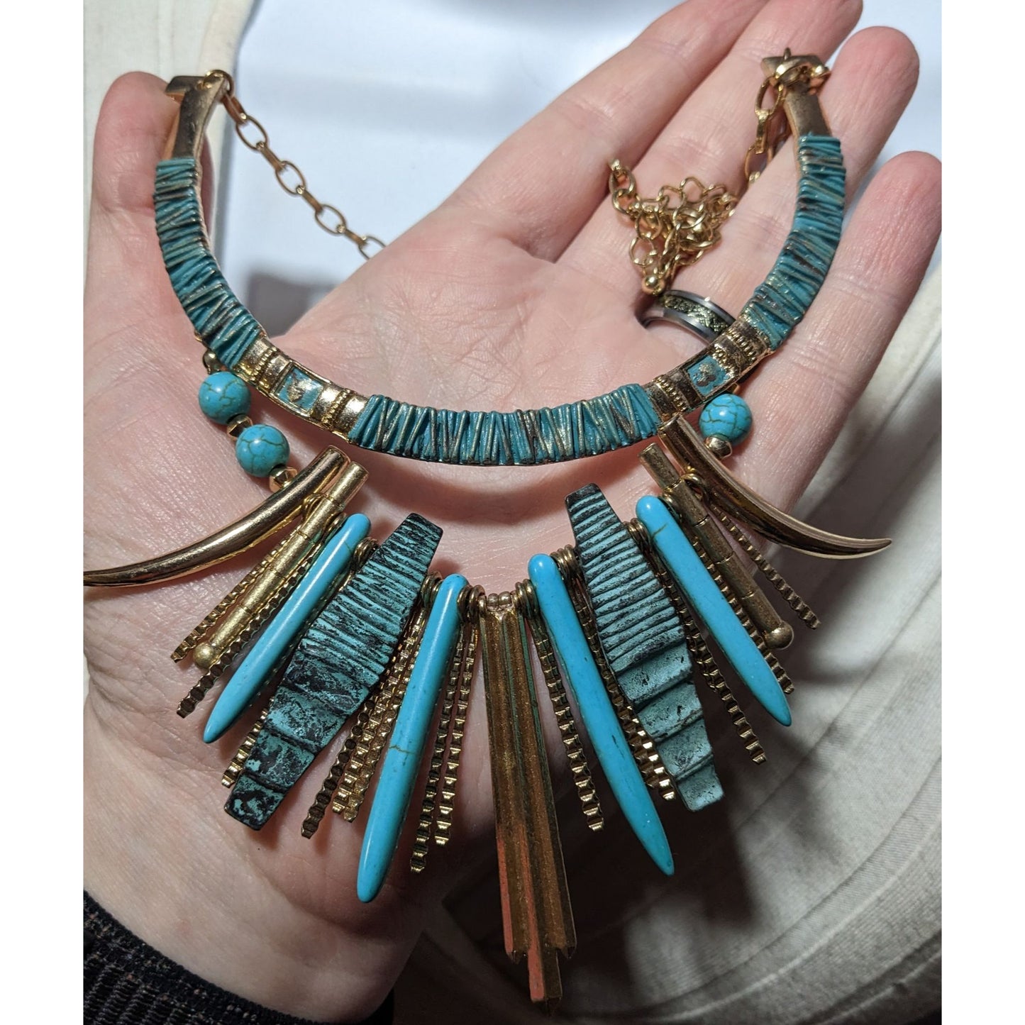 Southwestern Gold Tone And Turquoise Metal Fringe Statement Necklace