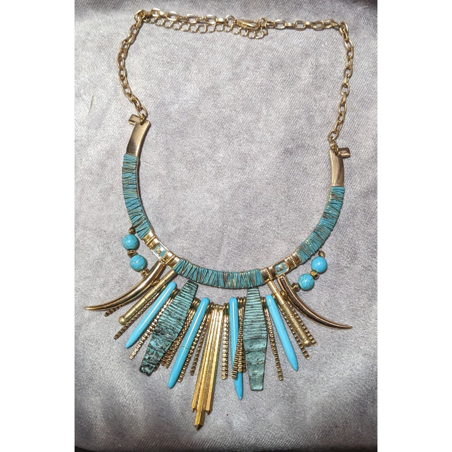 Southwestern Gold Tone And Turquoise Metal Fringe Statement Necklace