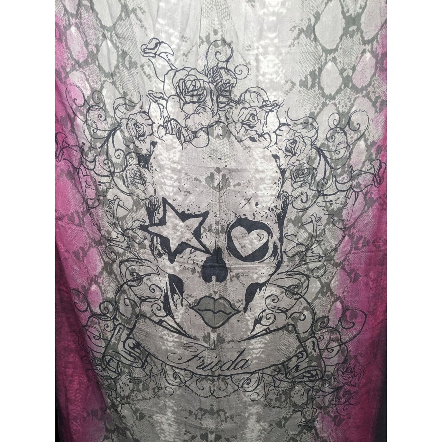 Frida & Freddies New York Gothic Skull Scarf 70% Viscose 30% Wool 45x72 Inches Pink & Gray Snake Print With Floral Accents