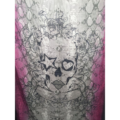 Frida & Freddies New York Gothic Skull Scarf 70% Viscose 30% Wool 45x72 Inches Pink & Gray Snake Print With Floral Accents