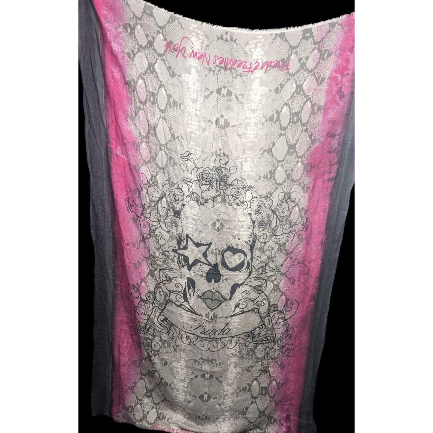 Frida & Freddies New York Gothic Skull Scarf 70% Viscose 30% Wool 45x72 Inches Pink & Gray Snake Print With Floral Accents