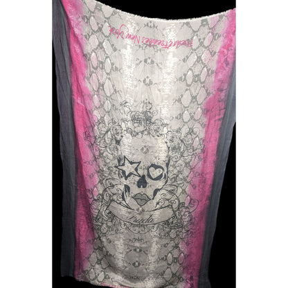 Frida & Freddies New York Gothic Skull Scarf 70% Viscose 30% Wool 45x72 Inches Pink & Gray Snake Print With Floral Accents