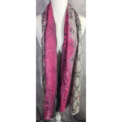 Frida & Freddies New York Gothic Skull Scarf 70% Viscose 30% Wool 45x72 Inches Pink & Gray Snake Print With Floral Accents