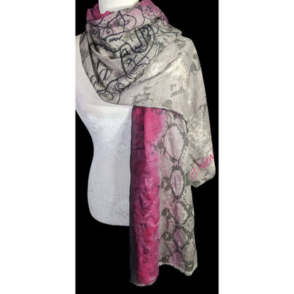Frida & Freddies New York Gothic Skull Scarf 70% Viscose 30% Wool 45x72 Inches Pink & Gray Snake Print With Floral Accents