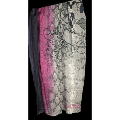 Frida & Freddies New York Gothic Skull Scarf 70% Viscose 30% Wool 45x72 Inches Pink & Gray Snake Print With Floral Accents