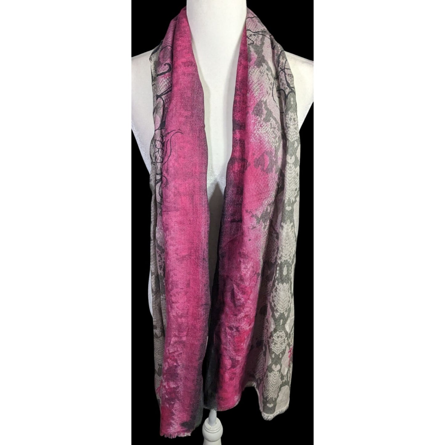 Frida & Freddies New York Gothic Skull Scarf 70% Viscose 30% Wool 45x72 Inches Pink & Gray Snake Print With Floral Accents