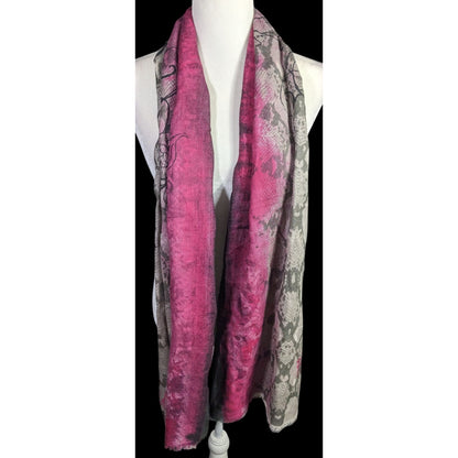 Frida & Freddies New York Gothic Skull Scarf 70% Viscose 30% Wool 45x72 Inches Pink & Gray Snake Print With Floral Accents