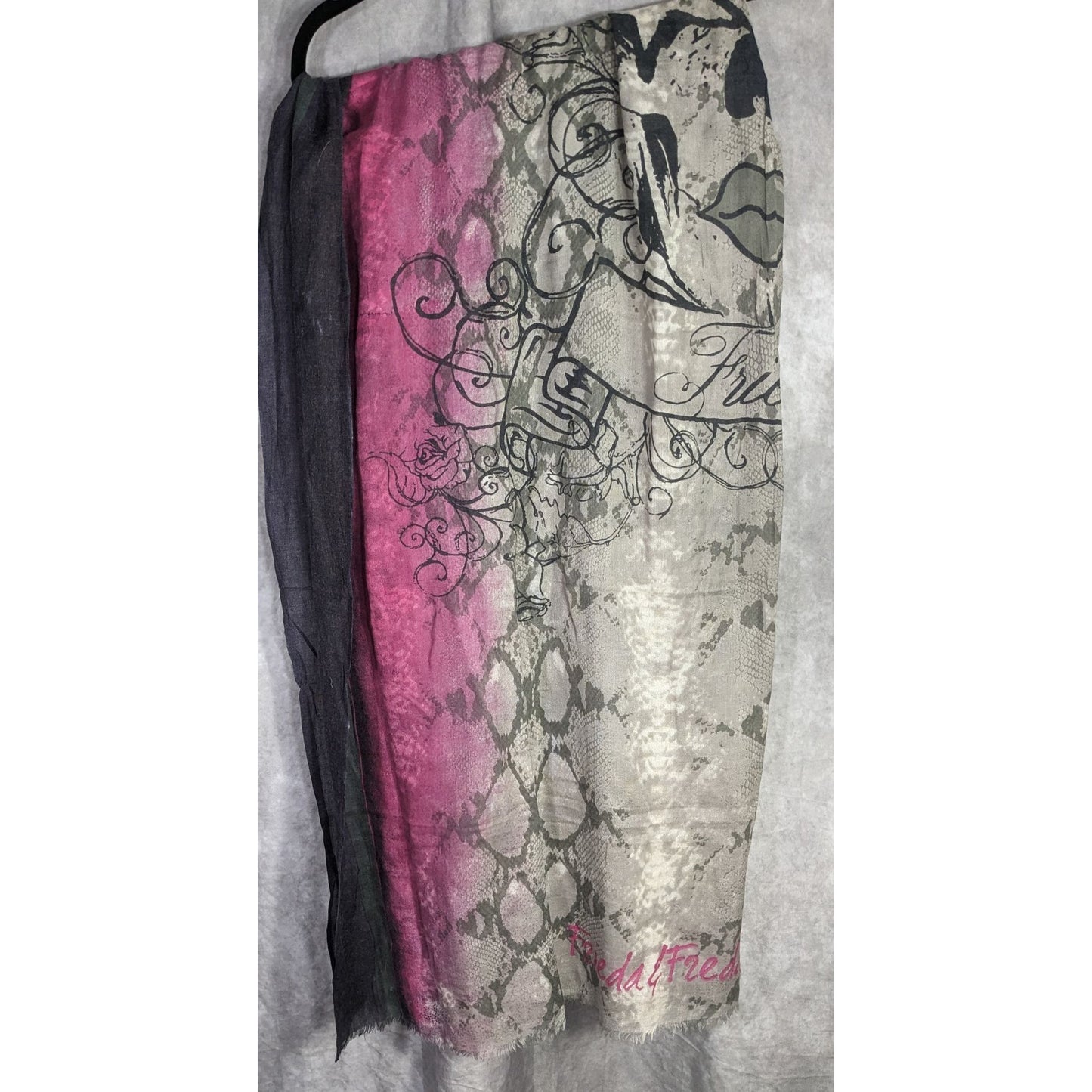 Frida & Freddies New York Gothic Skull Scarf 70% Viscose 30% Wool 45x72 Inches Pink & Gray Snake Print With Floral Accents
