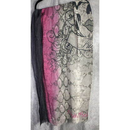 Frida & Freddies New York Gothic Skull Scarf 70% Viscose 30% Wool 45x72 Inches Pink & Gray Snake Print With Floral Accents