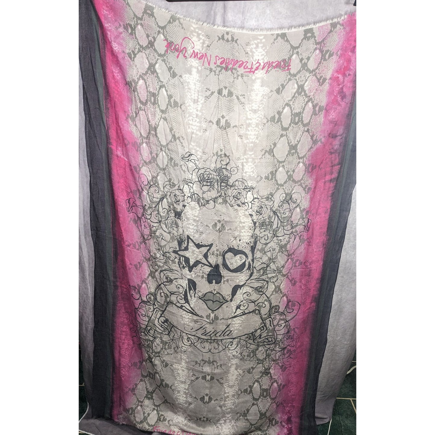 Frida & Freddies New York Gothic Skull Scarf 70% Viscose 30% Wool 45x72 Inches Pink & Gray Snake Print With Floral Accents