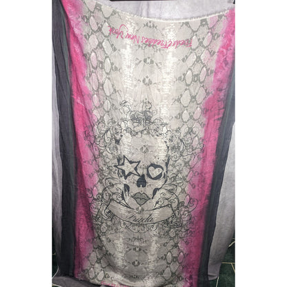 Frida & Freddies New York Gothic Skull Scarf 70% Viscose 30% Wool 45x72 Inches Pink & Gray Snake Print With Floral Accents