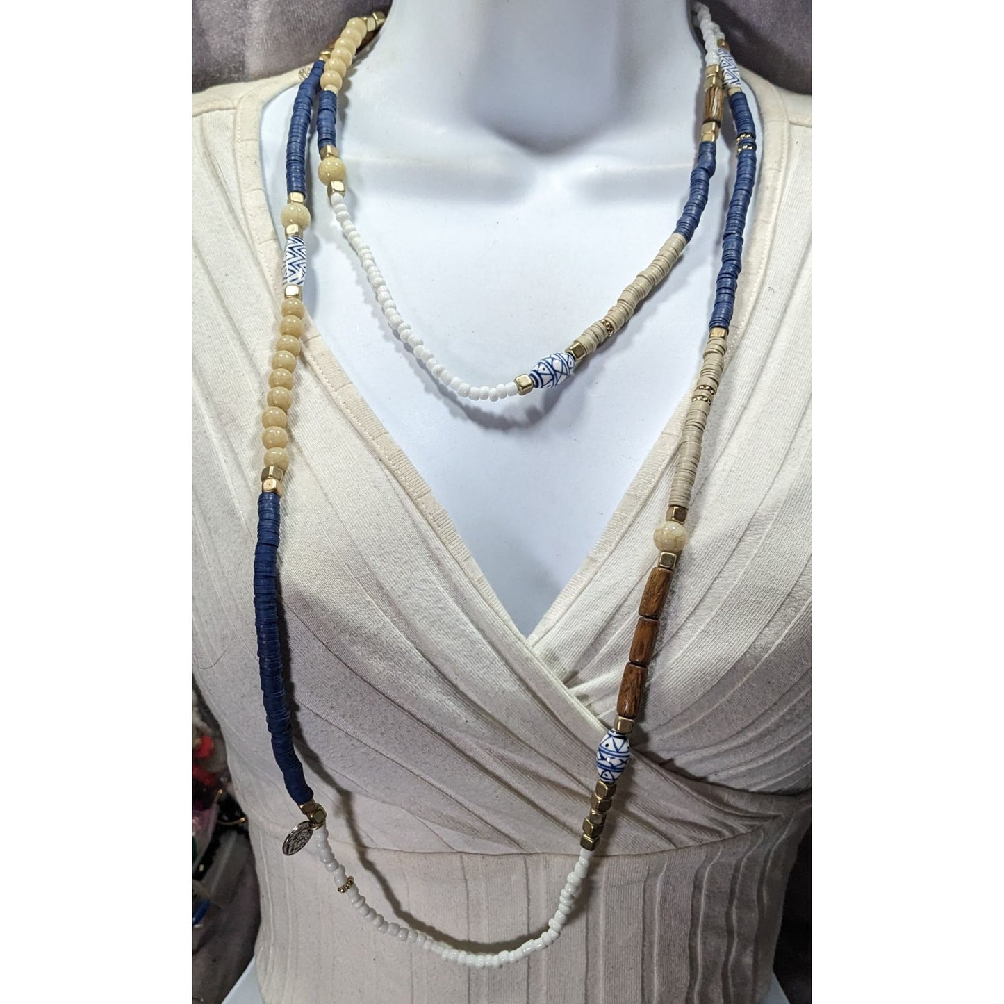 Handmade Blue White And Brown Beaded Necklace