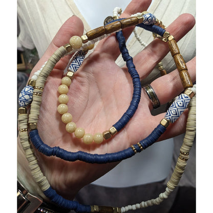 Handmade Blue White And Brown Beaded Necklace