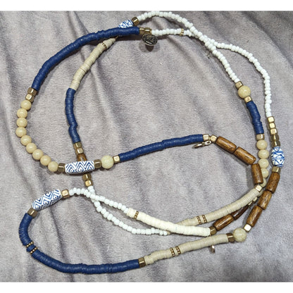 Handmade Blue White And Brown Beaded Necklace