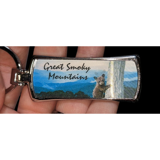 Great Smoky Mountains Lenticular Keychain Bear Skyline Blue Green Camo Aaron Travel Souvenir