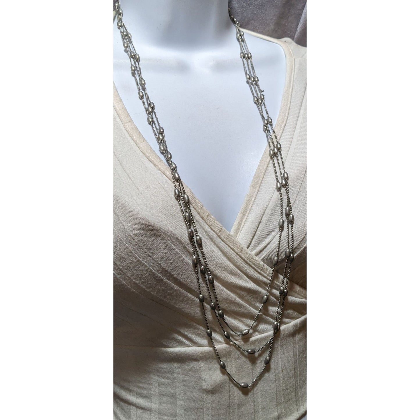 Modern Elegant Silver Multilayer Beaded Station Necklace