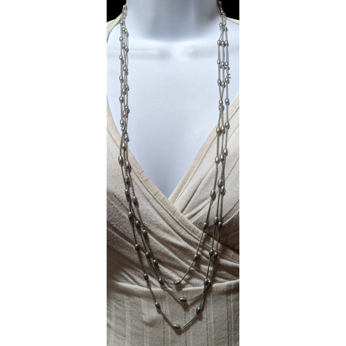 Modern Elegant Silver Multilayer Beaded Station Necklace