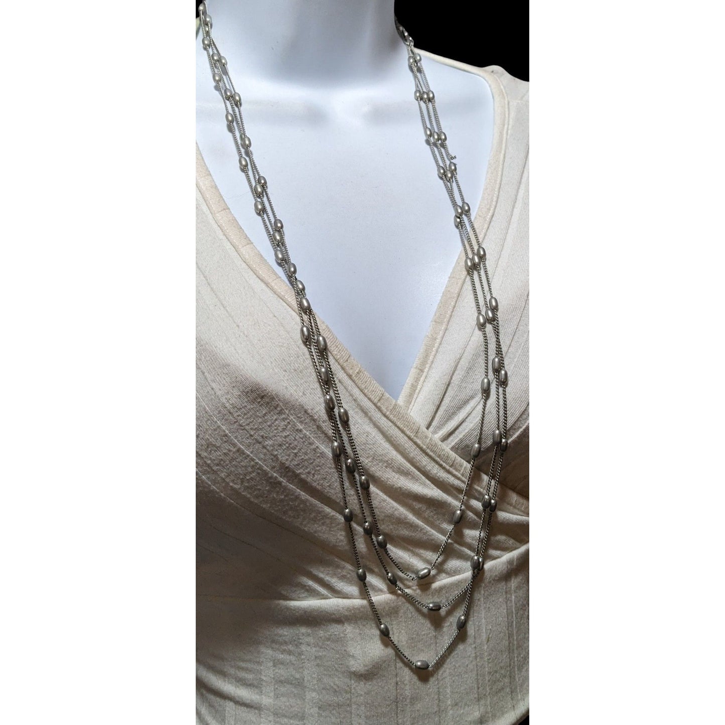 Modern Elegant Silver Multilayer Beaded Station Necklace