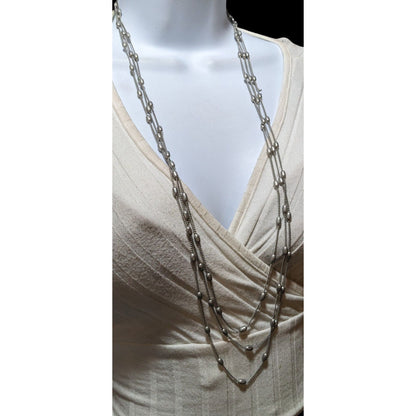 Modern Elegant Silver Multilayer Beaded Station Necklace