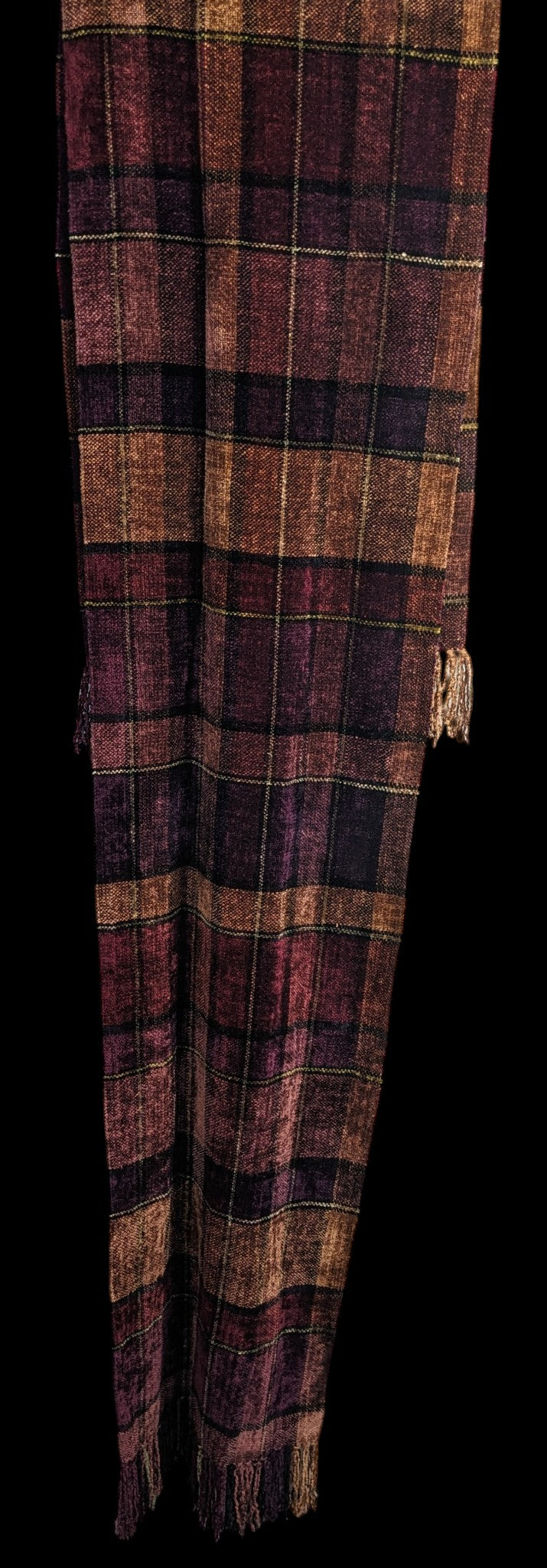 Vintage Searle Blatt Rayon Chenille Plaid Scarf With Fringe 74x14 Inches