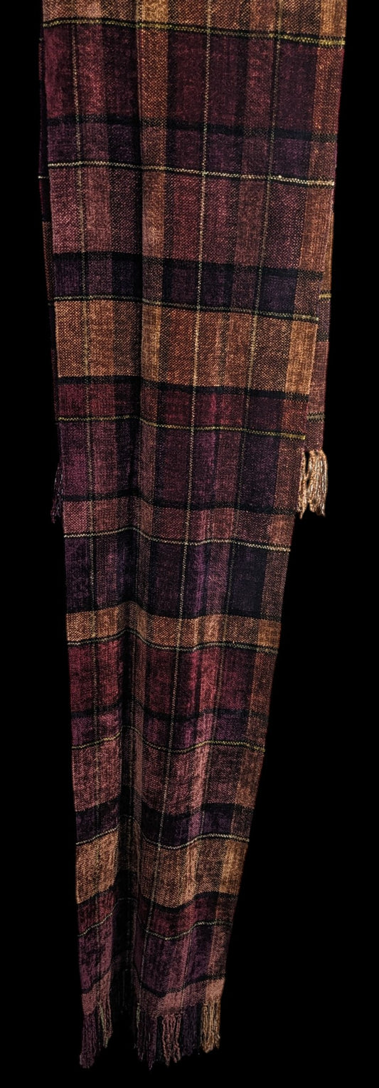 Vintage Searle Blatt Rayon Chenille Plaid Scarf With Fringe 74x14 Inches