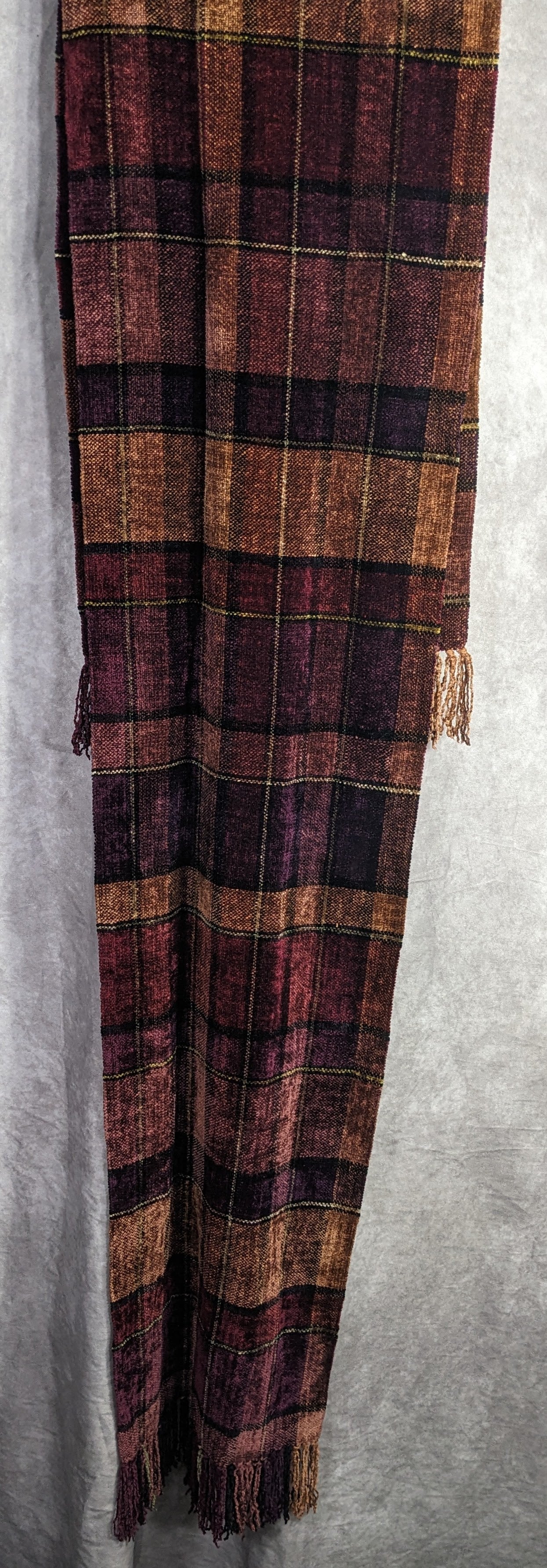 Vintage Searle Blatt Rayon Chenille Plaid Scarf With Fringe 74x14 Inches