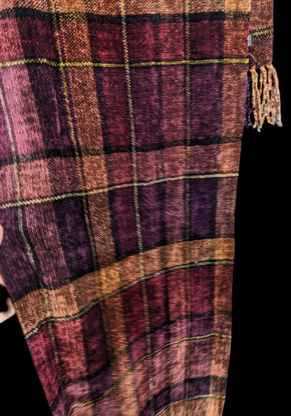 Vintage Searle Blatt Rayon Chenille Plaid Scarf With Fringe 74x14 Inches