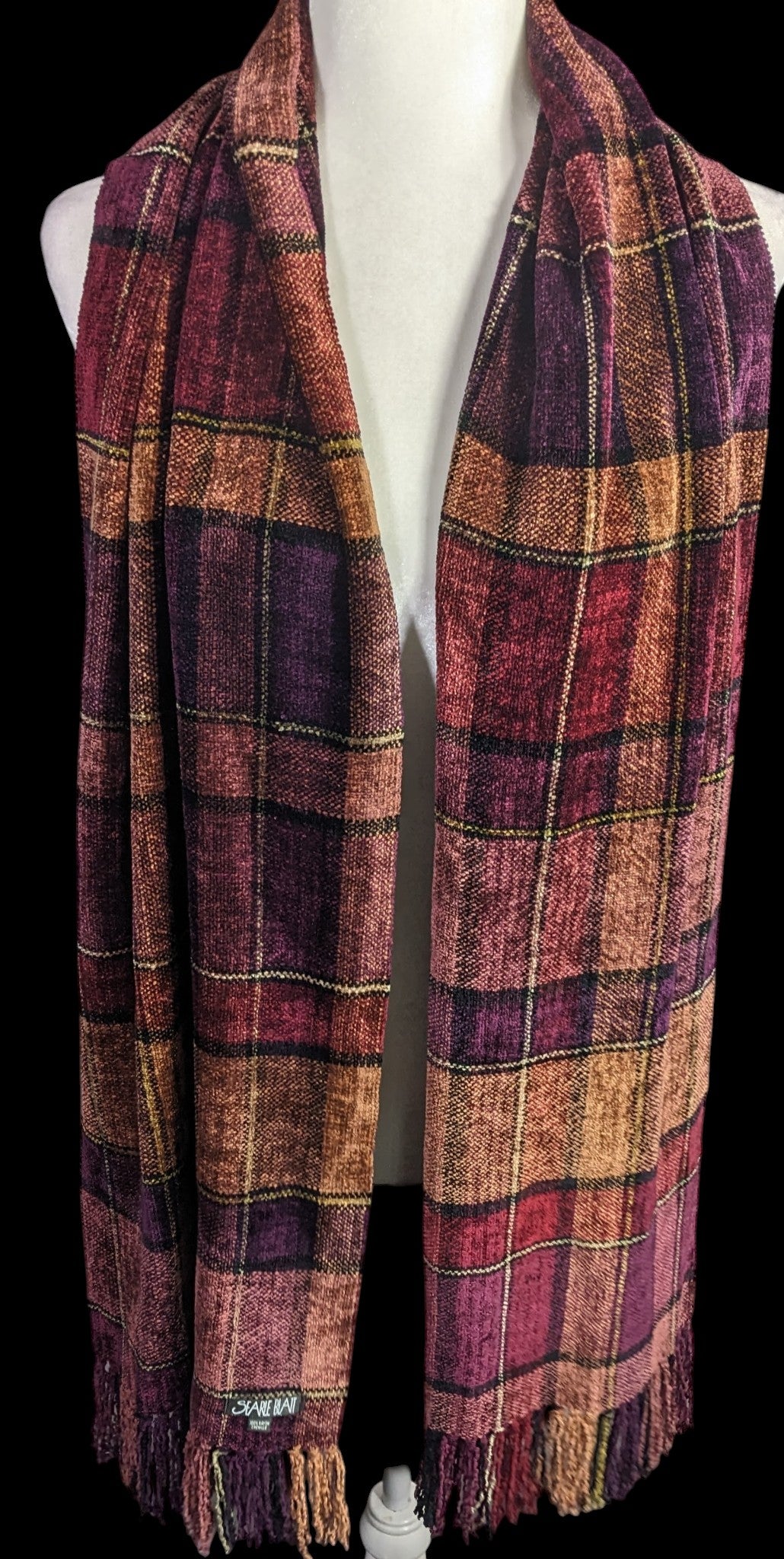 Vintage Searle Blatt Rayon Chenille Plaid Scarf With Fringe 74x14 Inches