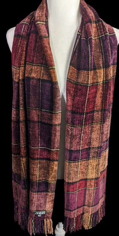 Vintage Searle Blatt Rayon Chenille Plaid Scarf With Fringe 74x14 Inches