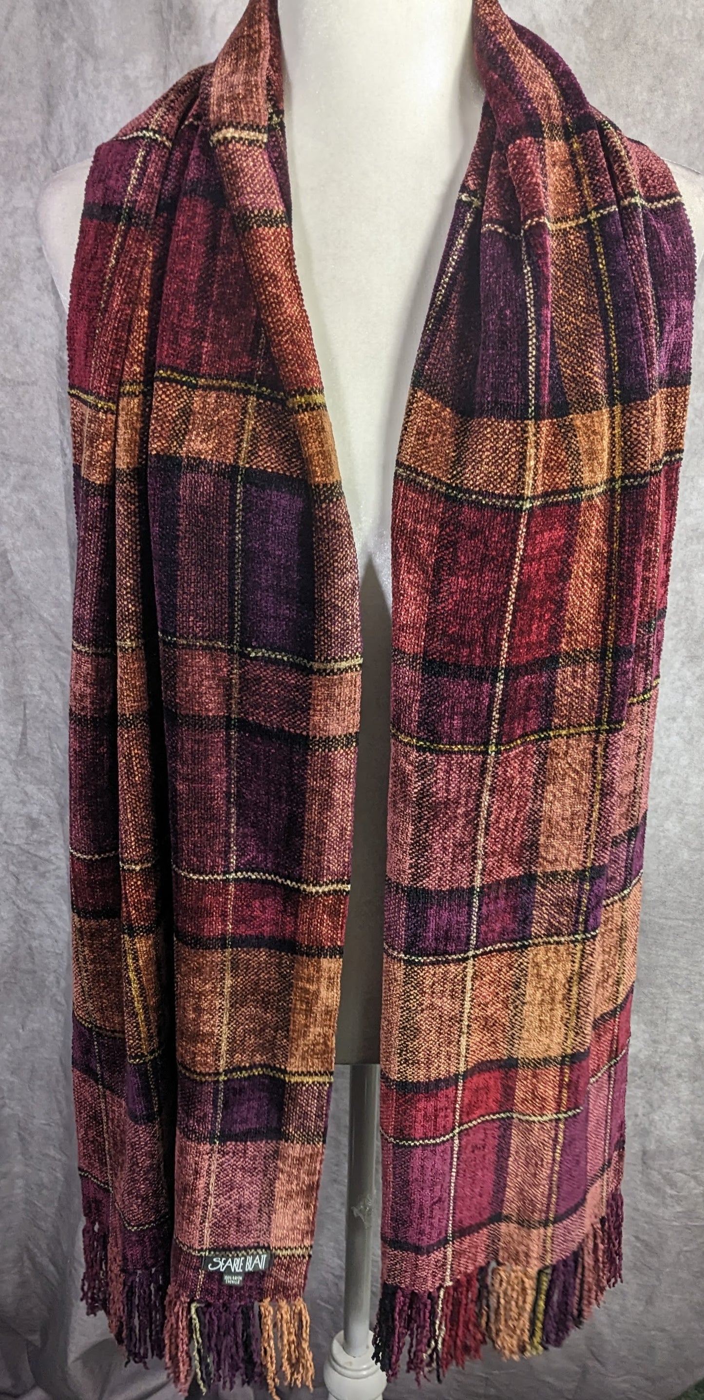 Vintage Searle Blatt Rayon Chenille Plaid Scarf With Fringe 74x14 Inches