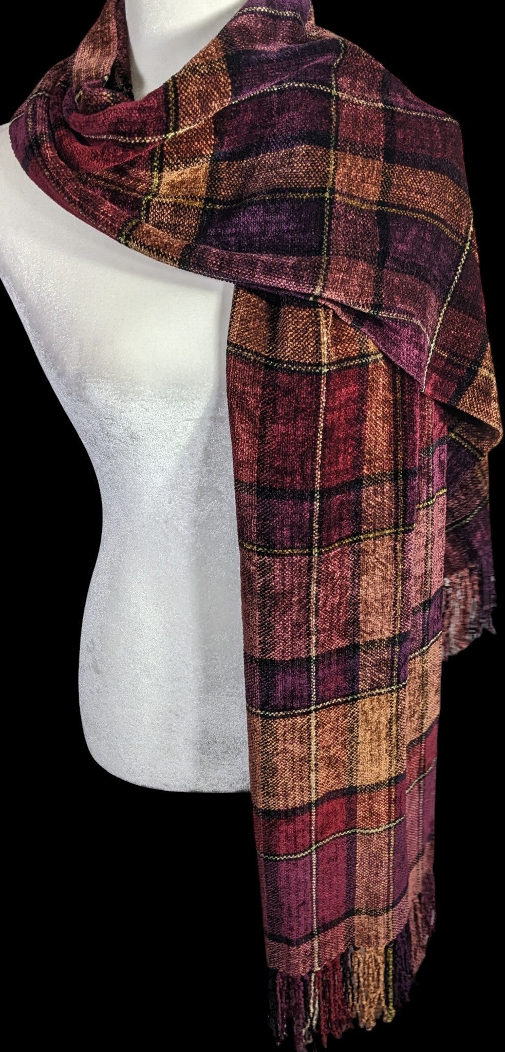 Vintage Searle Blatt Rayon Chenille Plaid Scarf With Fringe 74x14 Inches