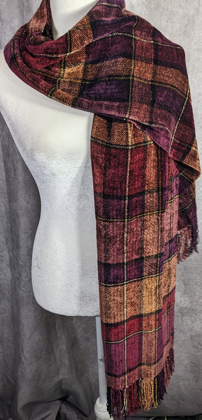 Vintage Searle Blatt Rayon Chenille Plaid Scarf With Fringe 74x14 Inches