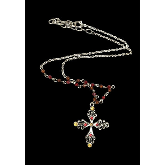 Gothic Medieval Red And Yellow Beaded Silver Tone Cross Necklace