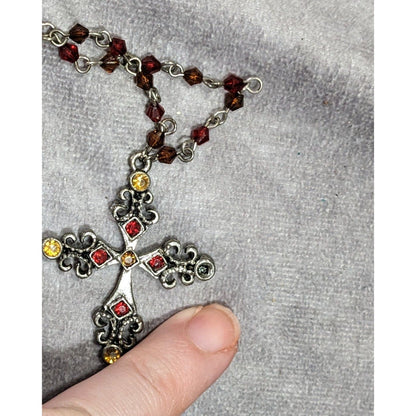 Gothic Medieval Red And Yellow Beaded Silver Tone Cross Necklace