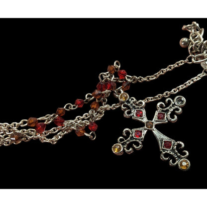 Gothic Medieval Red And Yellow Beaded Silver Tone Cross Necklace