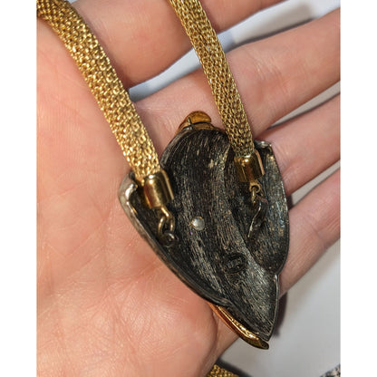 Vintage Trifari Gold Mesh Necklace With Black & Gold Abstract Heart Pendant