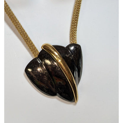 Vintage Trifari Gold Mesh Necklace With Black & Gold Abstract Heart Pendant